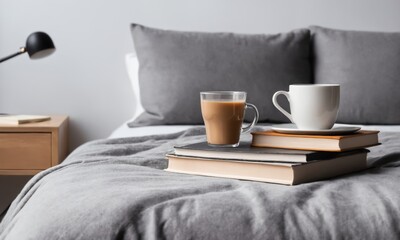 Fototapeta na wymiar Beige sweater, tea or coffee mug, book, and glasses on gray bed