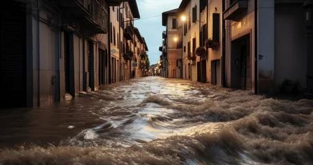 Foto op Aluminium The floods occurring in street, an alleyway that is flooded and water is rushing into a building © coco