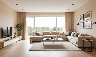 Beige home living room interior with eating table 