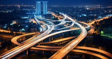 Fototapeta na wymiar Midnight Motion - Night Aerial view of a freeway intersection traffic trails in night