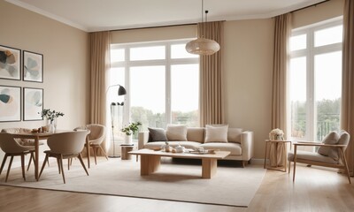 Beige home living room interior with eating table 