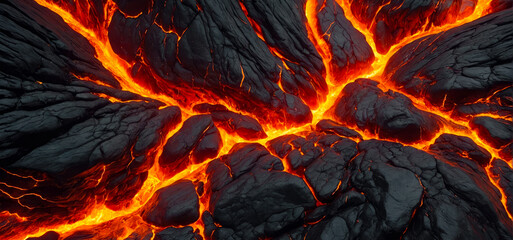 abstract shot of a lava stream flowing between black rocks in fiery red tones capturing the intensity of the volcanic landscapes
