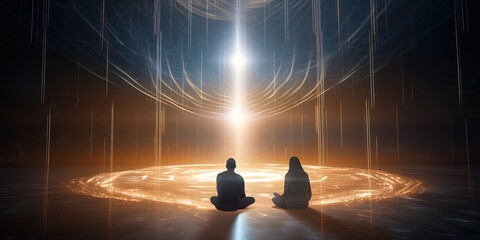 Two individuals deep in meditation with spectacular light and energy illumination inside a room - obrazy, fototapety, plakaty