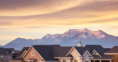 The Aesthetic Blend of Home Roofs, Chimneys, and the Vast Sky Over Mountains