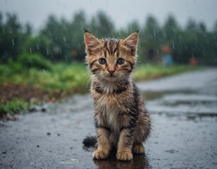 A cat is sitting on a street under the rain