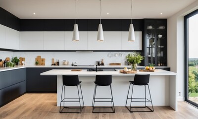  home kitchen interior with cooking and eating space