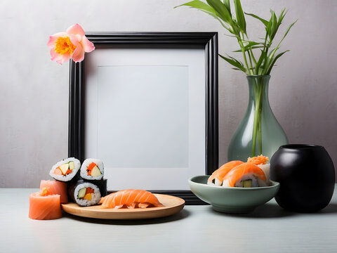 a picture frame with sushi and a vase with flowers, a minimalist painting design.