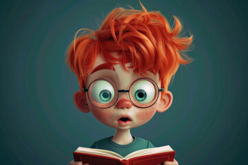 cute cartoon nice red-haired boy with glasses reading a book