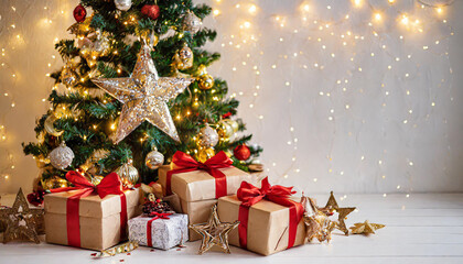 Fototapeta na wymiar christmas and new year background - gift boxes and stars near decorated christmas tree and copy space over white wall with lights