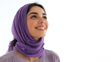 Arab woman wearing purple shirt smile looking up isolated on gray