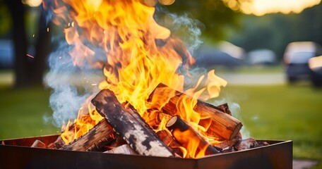 Obraz premium Brightly Burning Logs in a Metal Box for an Outdoor Barbecue