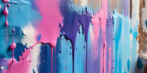 Abstract messy paint strokes and smudges on an old painted wall. Pink, purple, blue color drips, flows, streaks of paint and paint sprays - obrazy, fototapety, plakaty