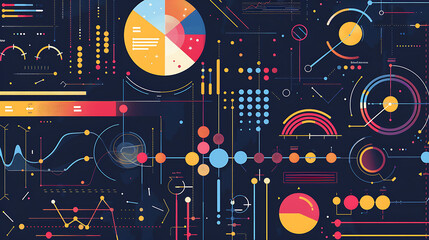 A complex data visualization with various charts, graphs, and diagrams. The image is dark blue with bright orange, red, yellow, and blue highlights.