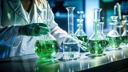 A gloved scientist carefully a green liquid in a large glass flask while working in a modern laboratory setting - obrazy, fototapety, plakaty