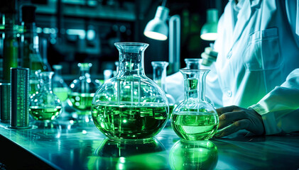 A diligent scientist wearing a lab coat is working in a dimly lit laboratory with a green liquid from