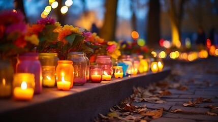The Vibrant Tribute of Colorful Candles in a Cemetery for All Saints Day - obrazy, fototapety, plakaty