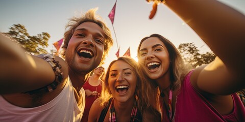 Group of friends taking selfie shot at music festival