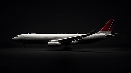 The image is a 3D rendering of a generic wide-body passenger airliner. The aircraft is shown in a dark environment with a spotlight shining on it.