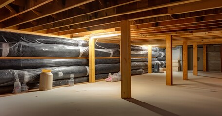 Basement or crawl space with upper floor insulation and wooden support beams - obrazy, fototapety, plakaty