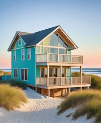 A coastal design with beachy building style, pastel & oceanic impressionist color on exterior walls, beach house - obrazy, fototapety, plakaty