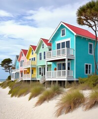 A coastal design with beachy building style, pastel & oceanic impressionist color on exterior walls, beach house - obrazy, fototapety, plakaty