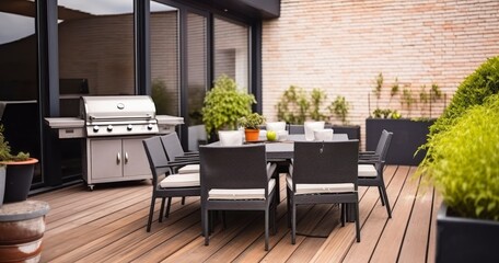 Leisure in the Sun - A Cozy Terrace Outfitted with Bright Furniture, a Grill, and Flourishing Plants