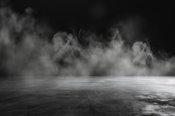 A black and white photo of a foggy, smokey scene with a lot of steam