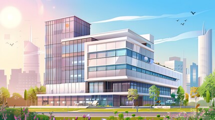 Obraz premium Modern Hospital Structure: An illustration of a modern hospital building located in the heart of the city, equipped with advanced medical devices, representing a healthcare center that provides 
