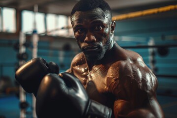 A man in a boxing ring with his hands up in the air - obrazy, fototapety, plakaty