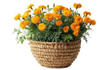 Scalloped rattan pot with marigold isolated on transparent Background - obrazy, fototapety, plakaty