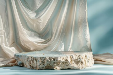 A large stone slab sits on a blue background with a white curtain draped over it
