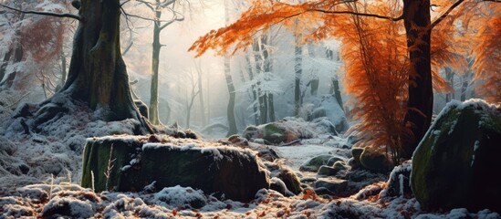 The image shows a winter landscape with a forest covered in snow. Rocks and trees are visible, adding texture to the scene. The snow-covered ground contrasts with the dark tree trunks and rocks