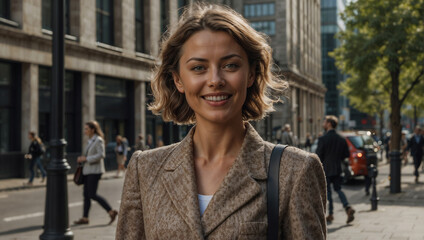 Elegante donna d'affari che lavora nel distretto finanziario di Londra sorridente prima di iniziare la giornata di lavoro