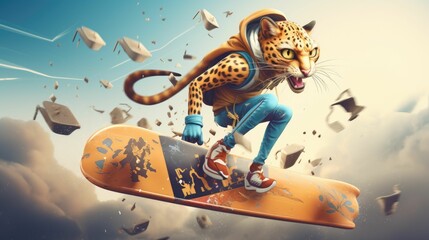 A dynamic and intense illustration of a leopard on a skateboard in mid-air, shredding through obstacles with extreme speed. 