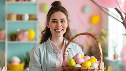 A cheerful businesswoman with a basket filled with colorful eggs, surrounded by festive decorations in an Easter-themed office decorated in pastel colors