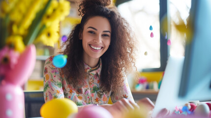 A cheerful CEO on a video conference call, surrounded by Easter decorations, bringing cheer to distant coworkers