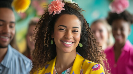 A cheerful woman in the foreground of the group photo is bringing life to the festive Easter celebration of a diverse business team