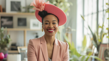  A confident businesswoman at a chic office, grinning and sporting an Easter bonnet, discussing business strategie