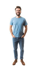 Young adult smiling man in blue t-shirt isolated on transparent white background. Full body.