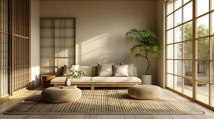 3d interior of a Japandi style interior living room a design with simplicity, natural elements, and minimalism - obrazy, fototapety, plakaty