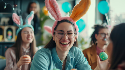 A corporate leader wearing Easter-themed accessories, radiating positivity and warmth during a team meeting