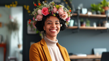 A smiling entrepreneur wearing an Easter bonnet, confidently discussing business strategies in a stylish office