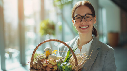 A sunny office lobby portrait of a contented businesswoman carrying an Easter basket full of goodies for her coworkers