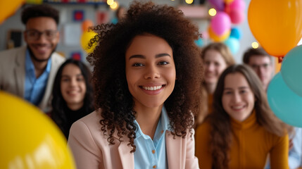 An energetic atmosphere is created by the smiling woman at the front of this group photo of a diverse business team celebrating Easter