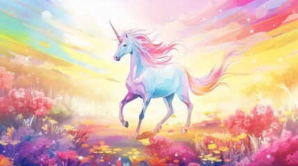 Obraz na płótnie Canvas Unicorn prancing through a field of blooming flowers in a vibrant shot from a saturated angle retrofuturism rainbow sparks caricature