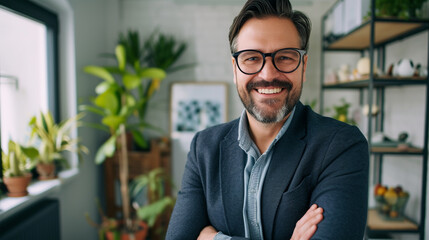 An image of a cheerful businessman talking confidently and positively about business prospects at an office decorated for Easter - obrazy, fototapety, plakaty