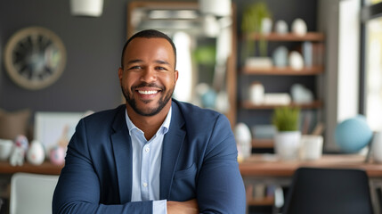 An image shows a cheerful executive discussing business strategies with confidence and a positive attitude in an office with an Easter theme
