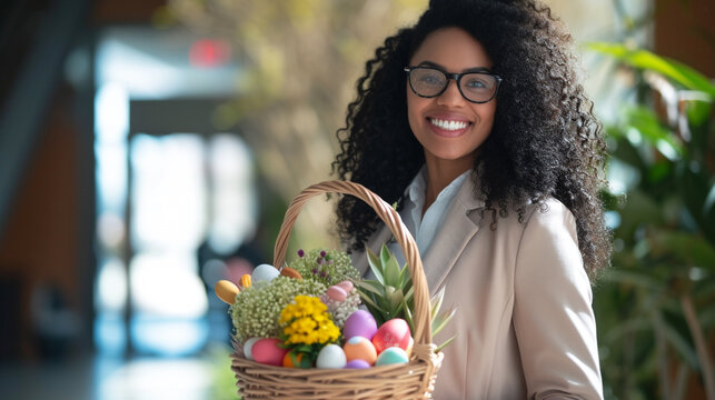  A sunny office lobby depicts a contented entrepreneur carrying an Easter basket brimming with goodies for her peers