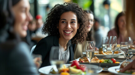 Corporate Easter brunch - a group of professionals enjoying a meal together, with a radiant businesswoman at the center