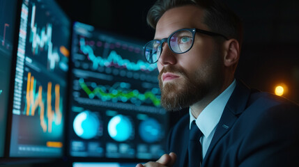 Corporate leader analyzing market trends, making strategic decisions with confidence